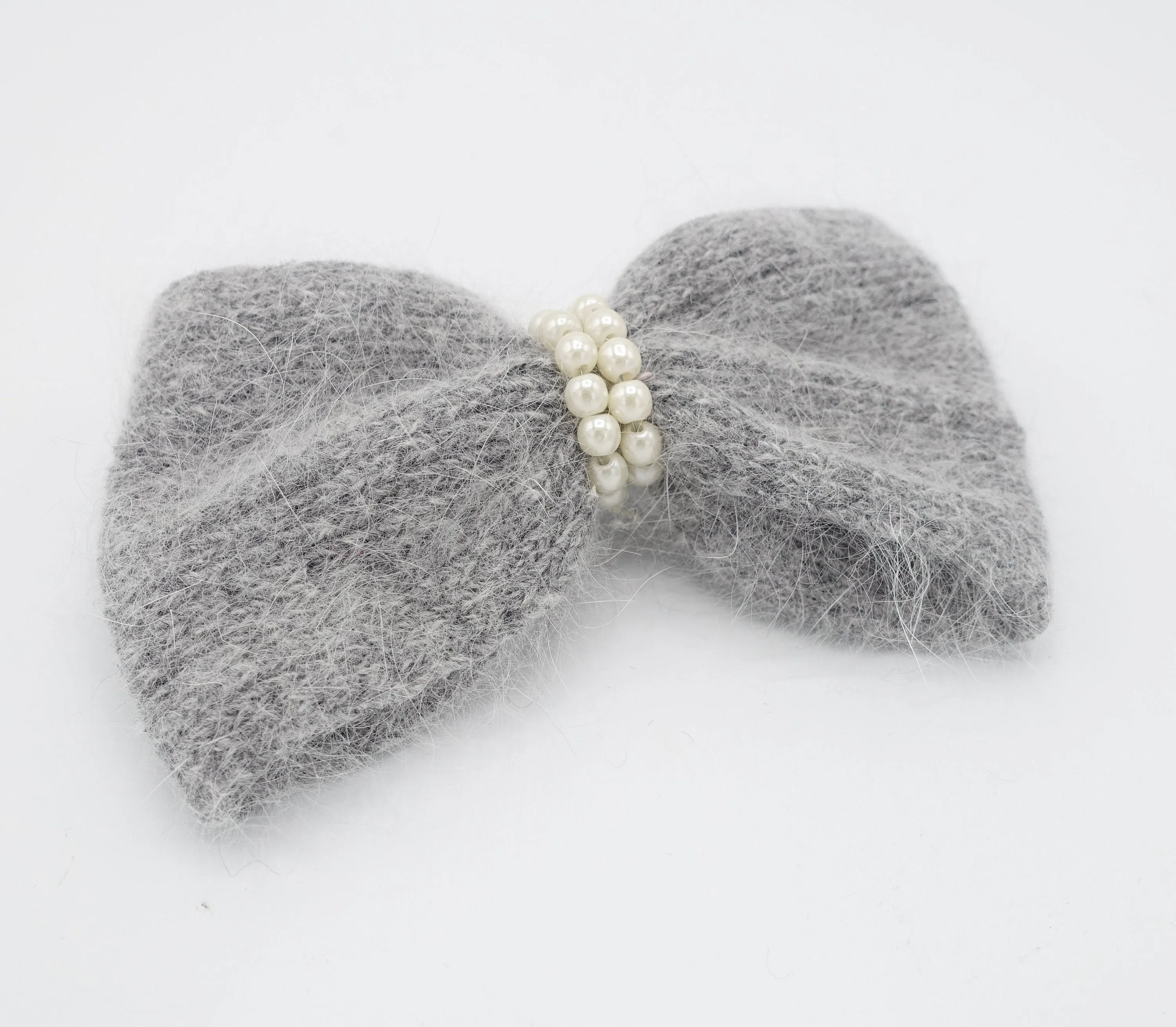 angora hair bow pearl embellished Fall Winter women hair barrette