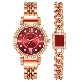 Anne Klein Rose Gold Band Burgundy Dial Women's Watch with Bracelet Gift Set - AK2928BRST