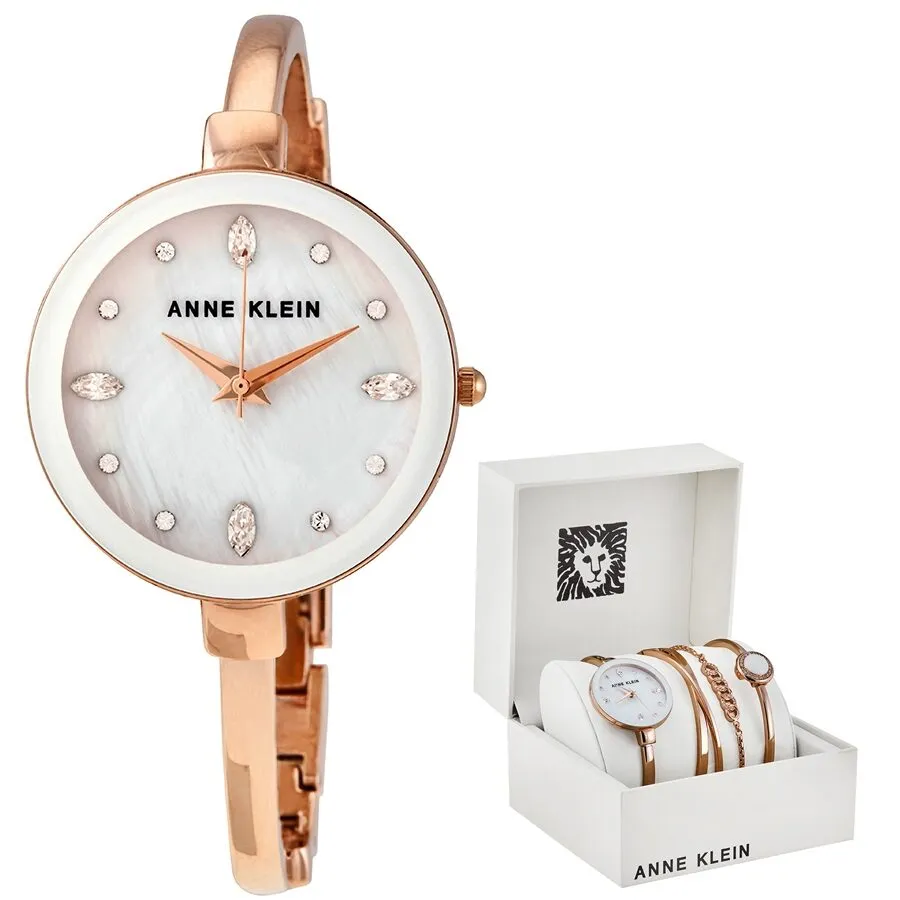 Anne Klein White Mother of Pearl Crystal Dial Ladies Watch Set AK/3402WRST