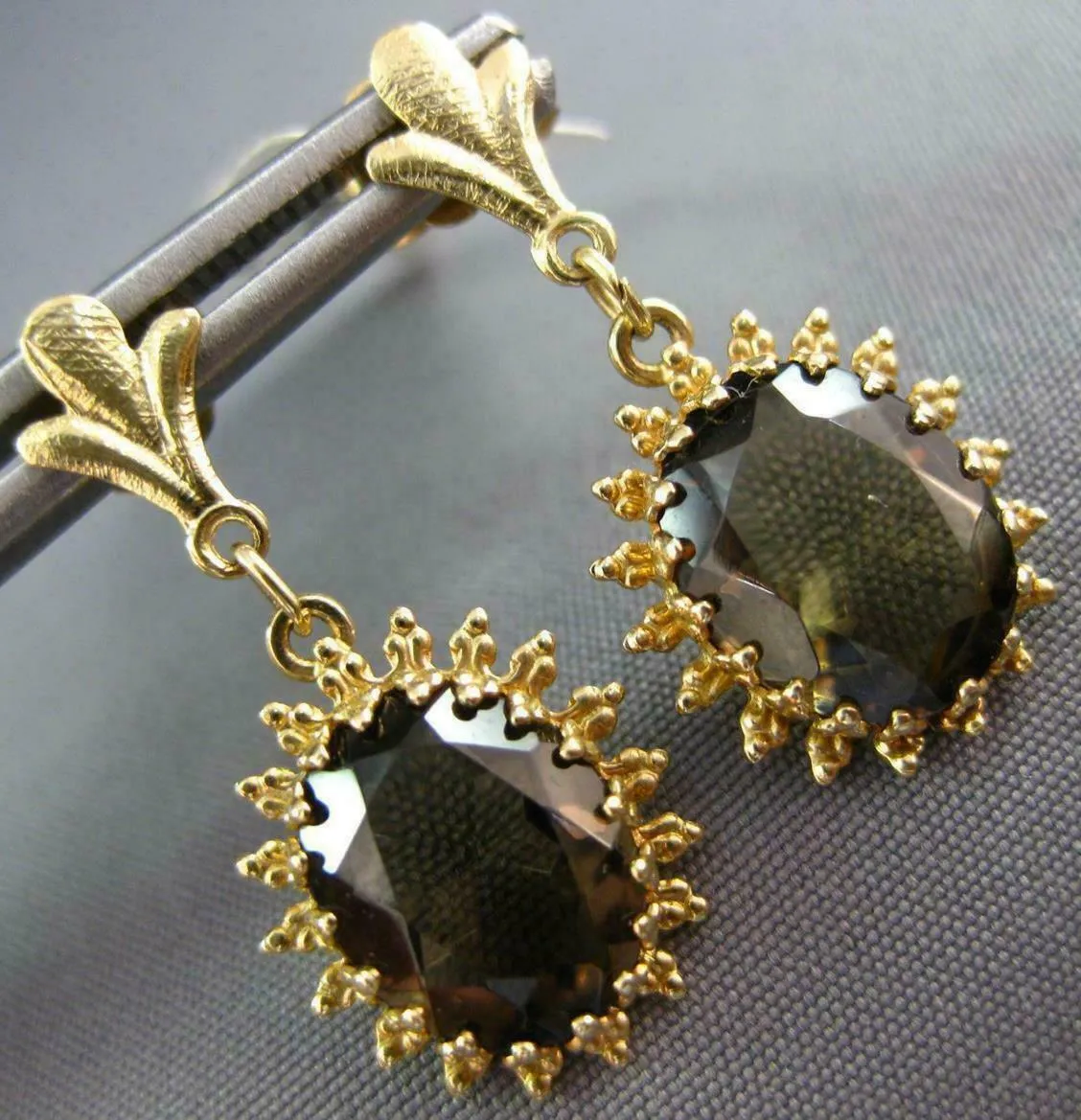 ANTIQUE 3.50CT AAA SMOKY TOPAZ 14KT YELLOW GOLD FLOWER HANGING EARRINGS #21850