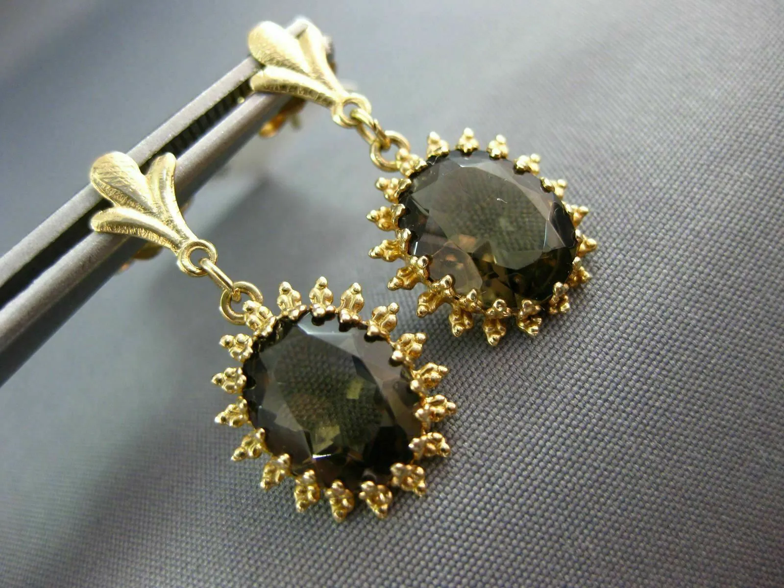 ANTIQUE 3.50CT AAA SMOKY TOPAZ 14KT YELLOW GOLD FLOWER HANGING EARRINGS #21850