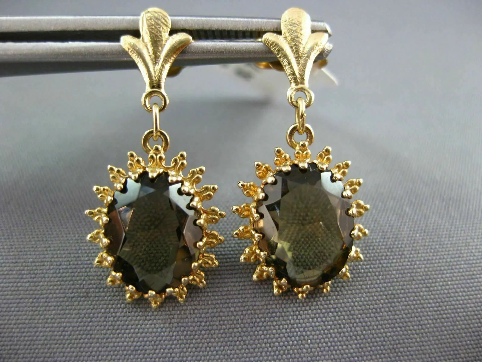 ANTIQUE 3.50CT AAA SMOKY TOPAZ 14KT YELLOW GOLD FLOWER HANGING EARRINGS #21850