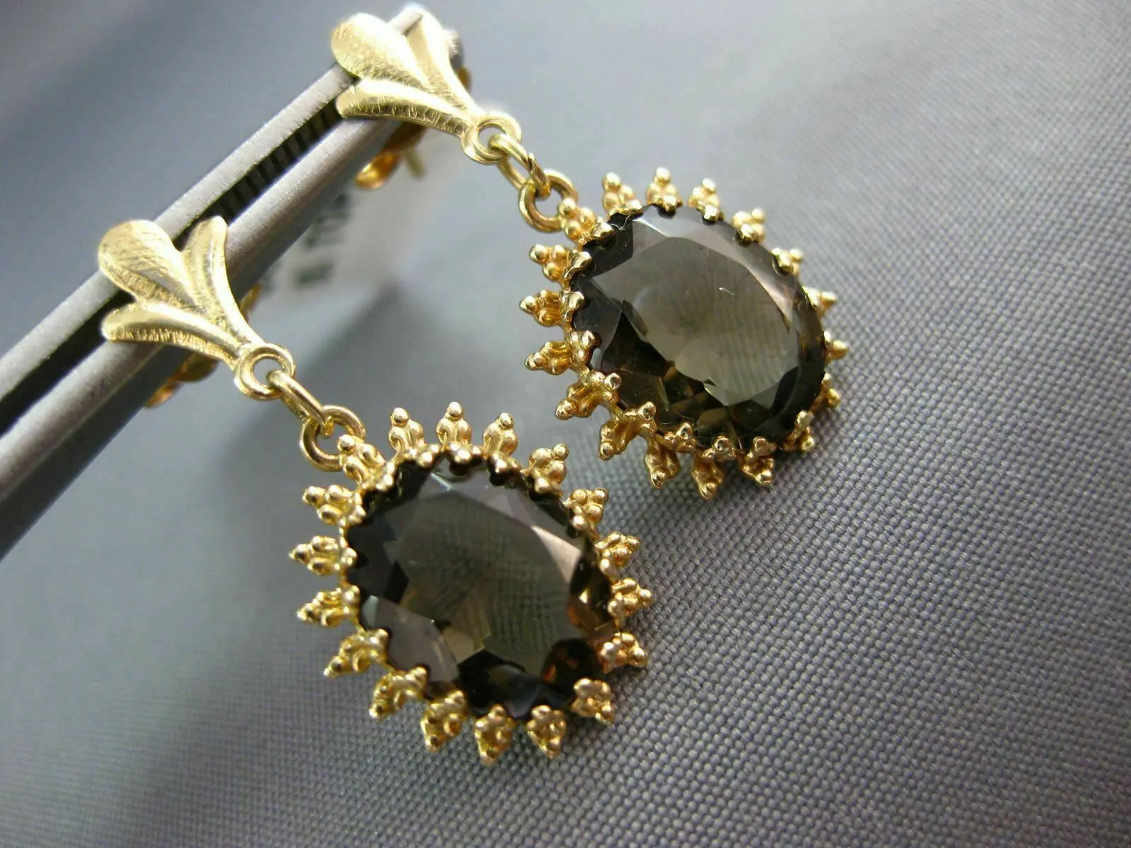 ANTIQUE 3.50CT AAA SMOKY TOPAZ 14KT YELLOW GOLD FLOWER HANGING EARRINGS #21850