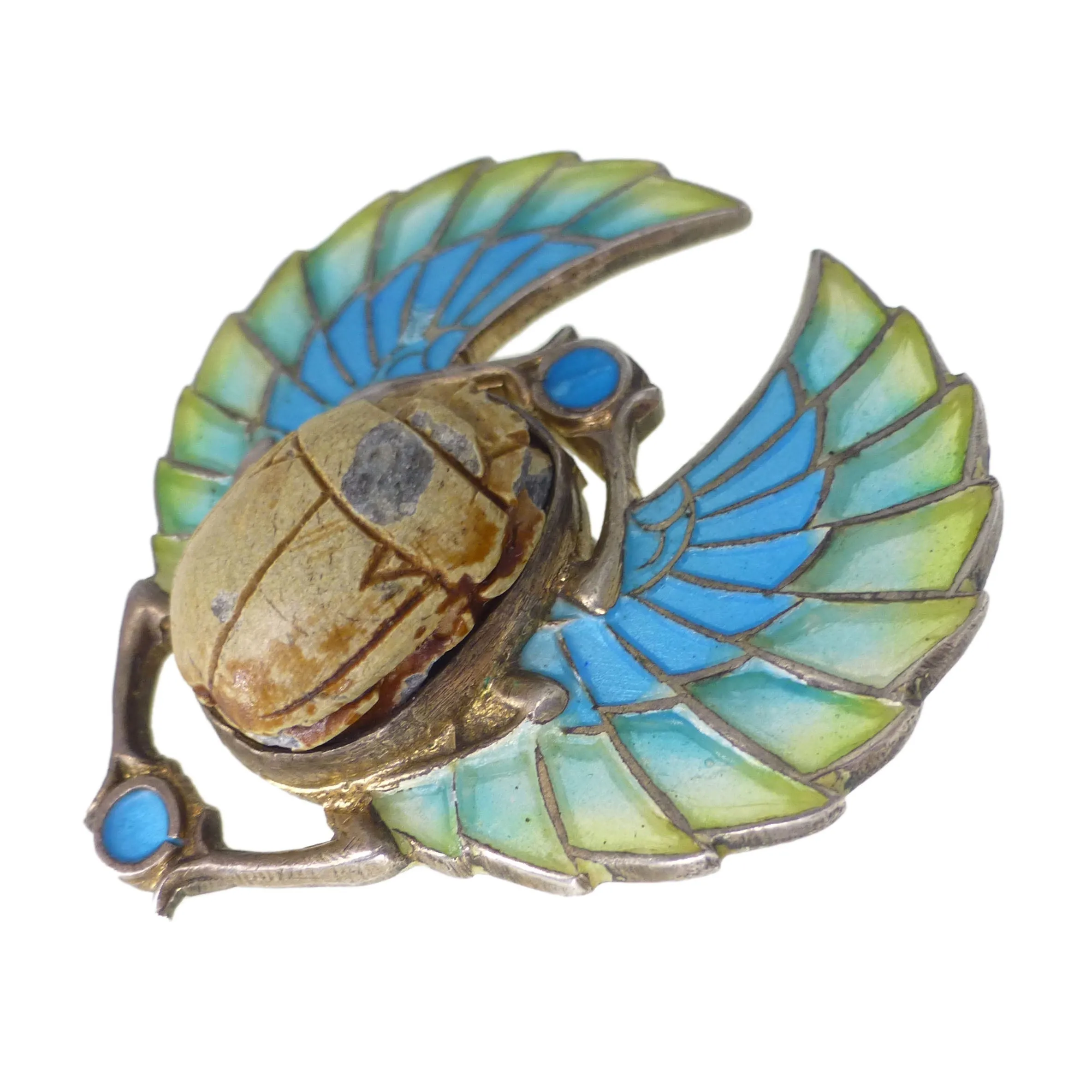 Antique Art Nouveau Jugendstil Silver Plique-à-Jour Scarab Brooch