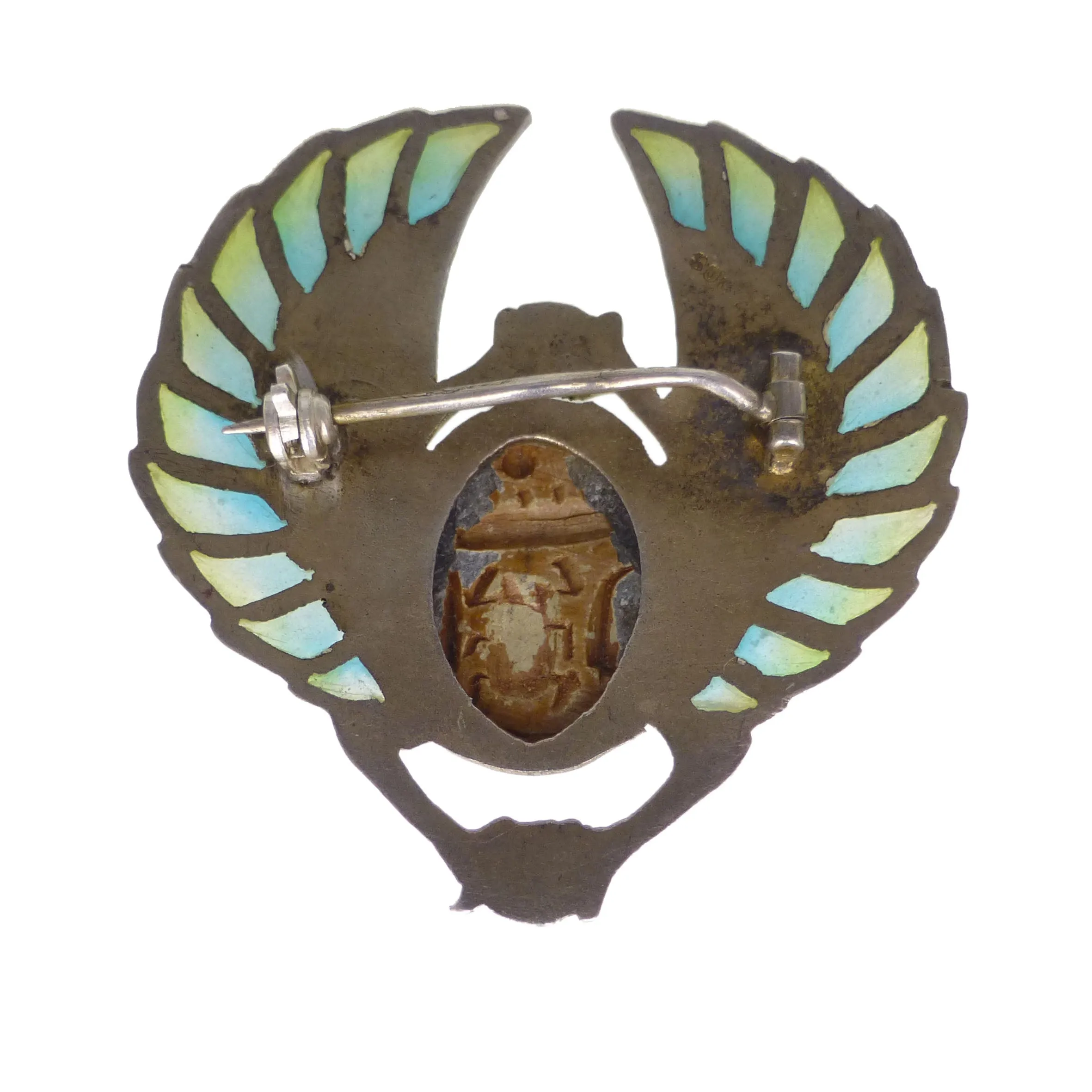 Antique Art Nouveau Jugendstil Silver Plique-à-Jour Scarab Brooch