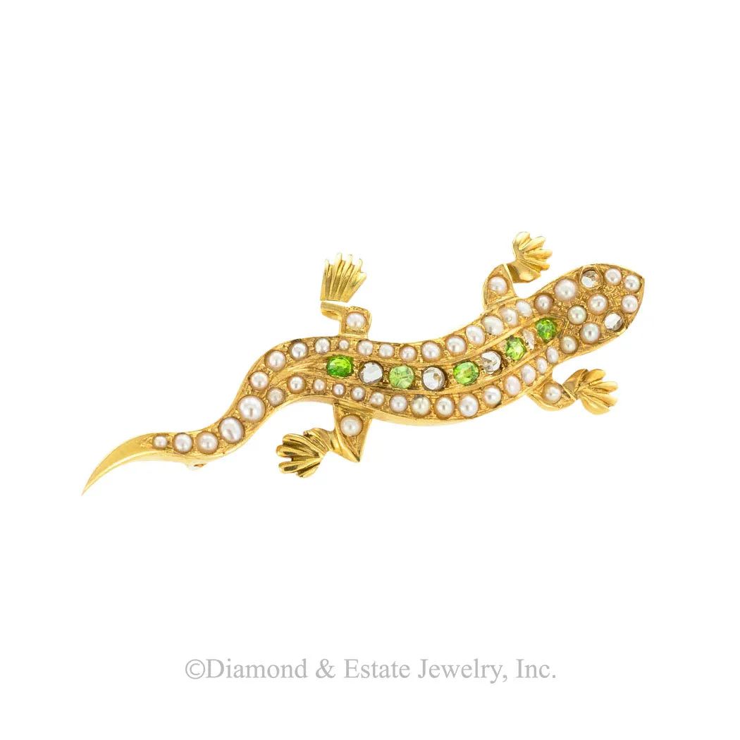 Antique Demantoid Garnets Pearl Rose Cut Diamond Salamander Brooch