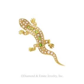 Antique Demantoid Garnets Pearl Rose Cut Diamond Salamander Brooch