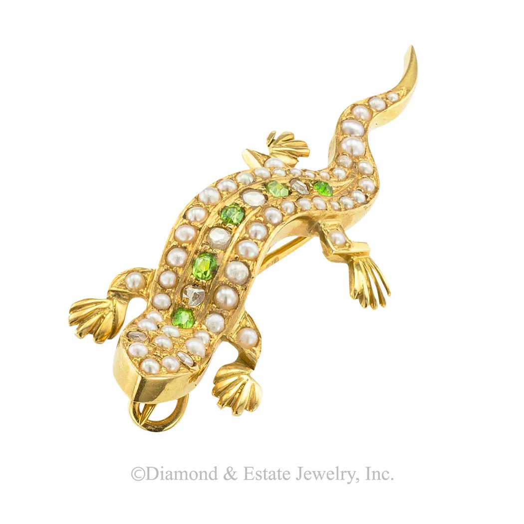 Antique Demantoid Garnets Pearl Rose Cut Diamond Salamander Brooch