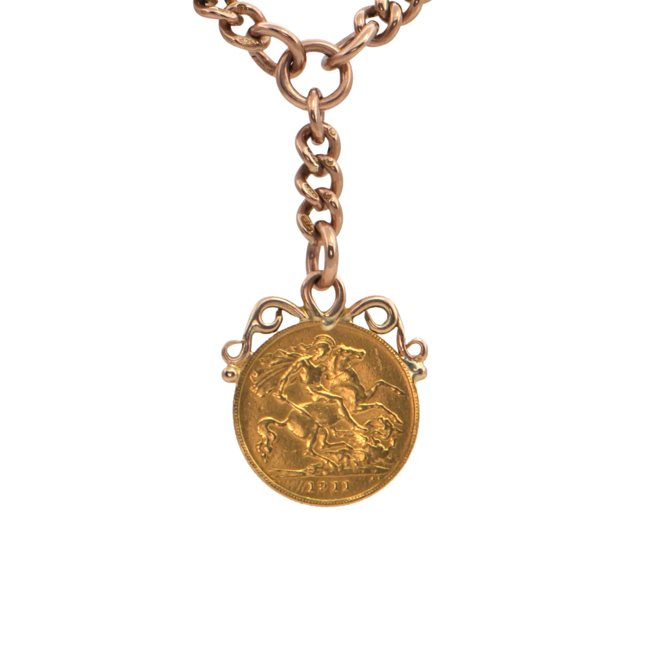 Antique English 9k Gold Watch Chain Necklace with 1911 Sovereign Coin Pendant