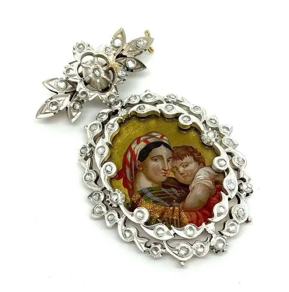 Antique Georgian 1.5ct Diamond Virgin Mary Jesus Brooch Necklace