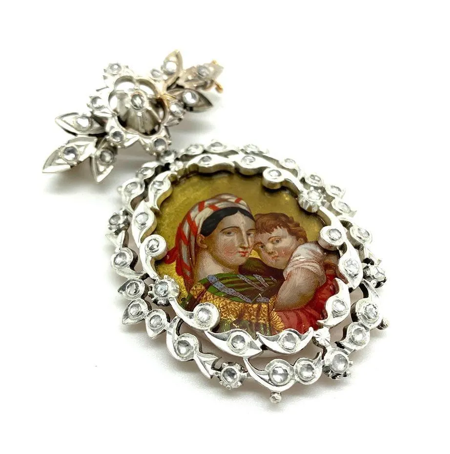 Antique Georgian 1.5ct Diamond Virgin Mary Jesus Brooch Necklace