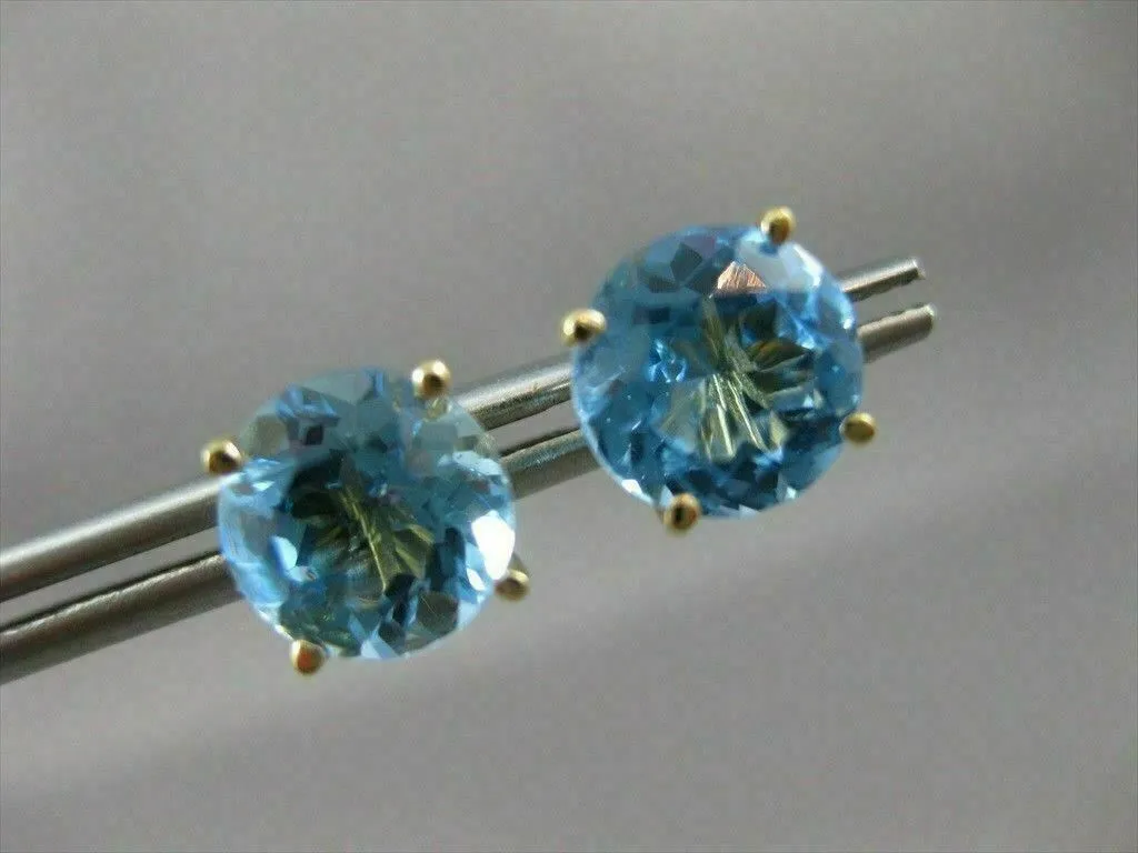 ANTIQUE LARGE 4.0CT AAA BLUE TOPAZ 14KT YELLOW GOLD STUD EARRINGS STUNNING 22625