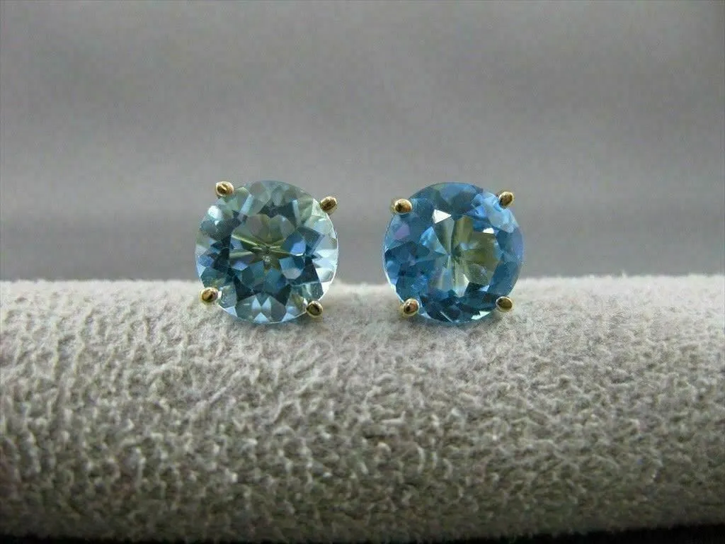 ANTIQUE LARGE 4.0CT AAA BLUE TOPAZ 14KT YELLOW GOLD STUD EARRINGS STUNNING 22625