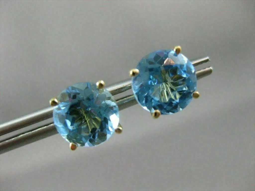 ANTIQUE LARGE 4.0CT AAA BLUE TOPAZ 14KT YELLOW GOLD STUD EARRINGS STUNNING 22625