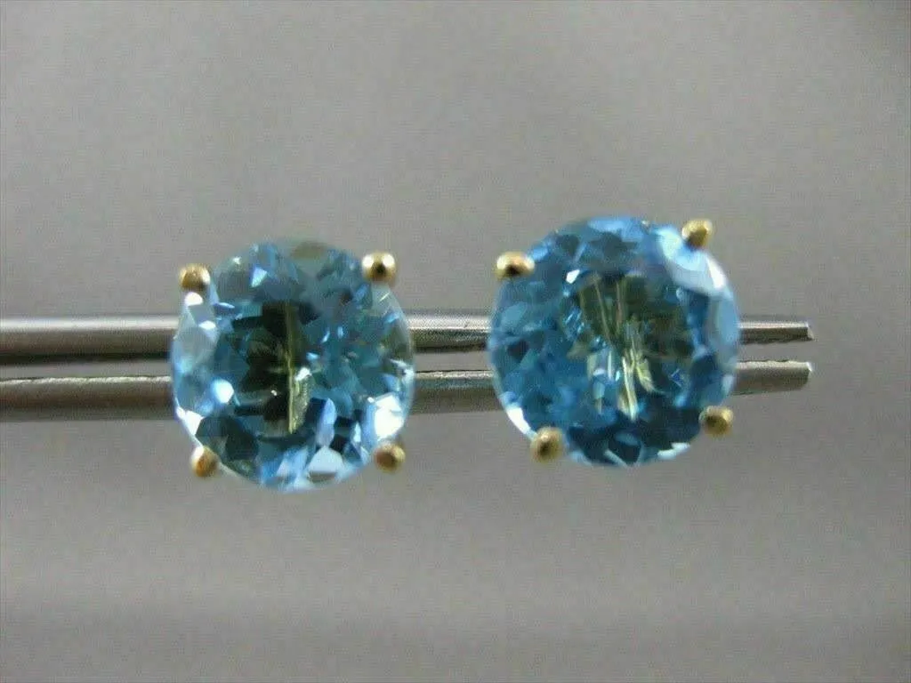 ANTIQUE LARGE 4.0CT AAA BLUE TOPAZ 14KT YELLOW GOLD STUD EARRINGS STUNNING 22625