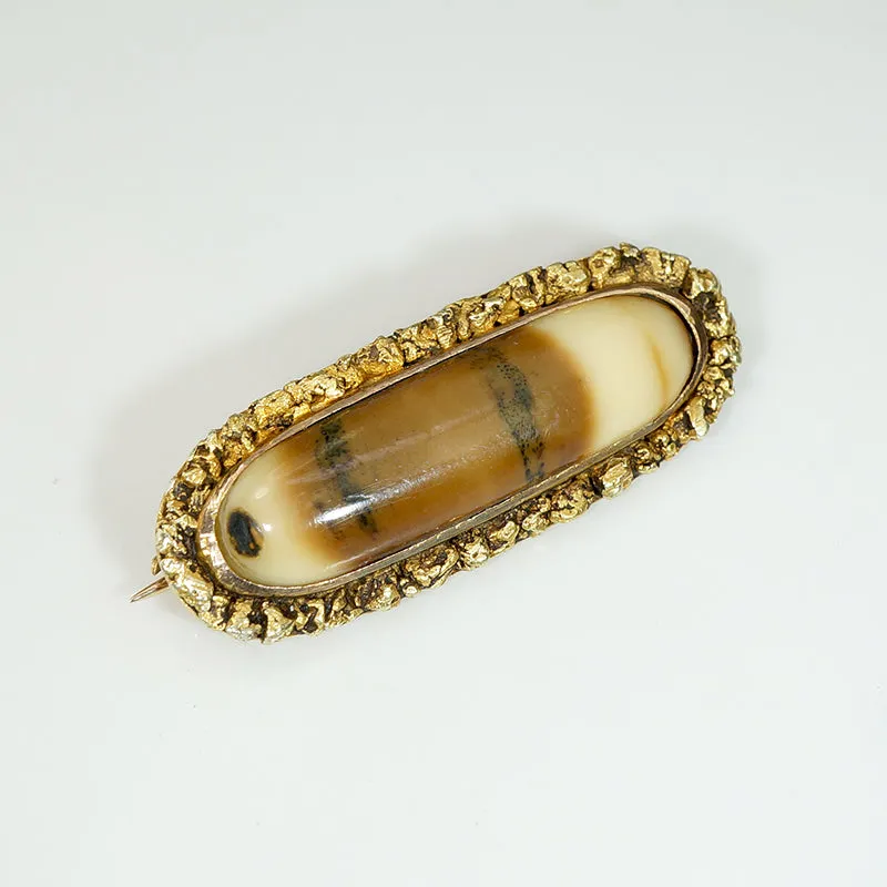 Antique Petrified Mastodon Tusk & Gold Nugget Brooch