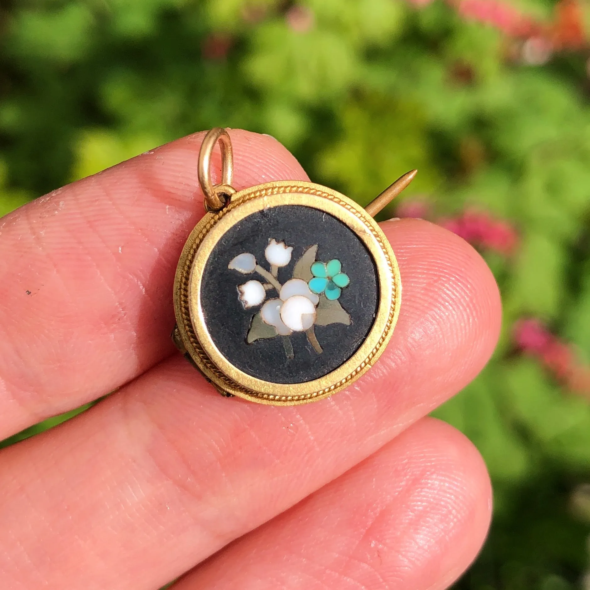 Antique Victorian 15ct Gold Pietra Dura Pendant Brooch