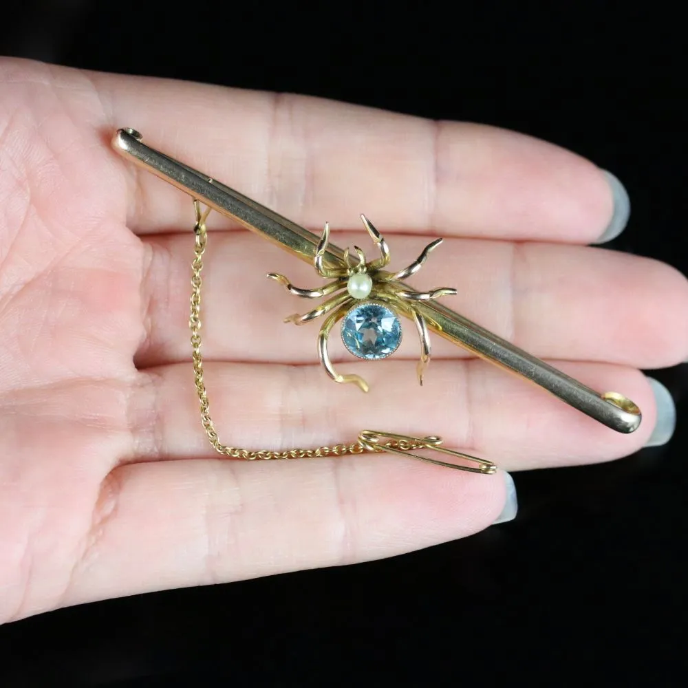 Antique Victorian Gold Spider Brooch Aquamarine Pearl Circa 1890