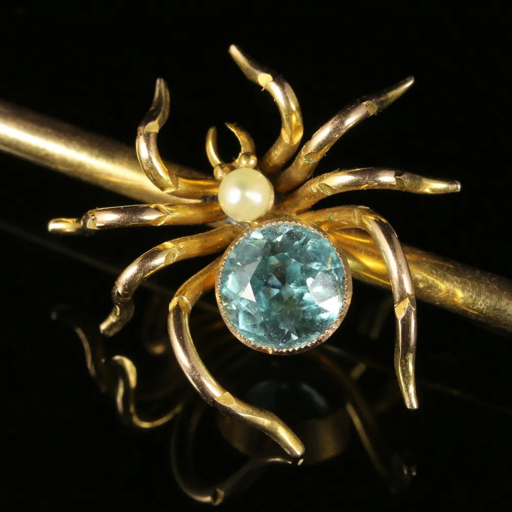 Antique Victorian Gold Spider Brooch Aquamarine Pearl Circa 1890