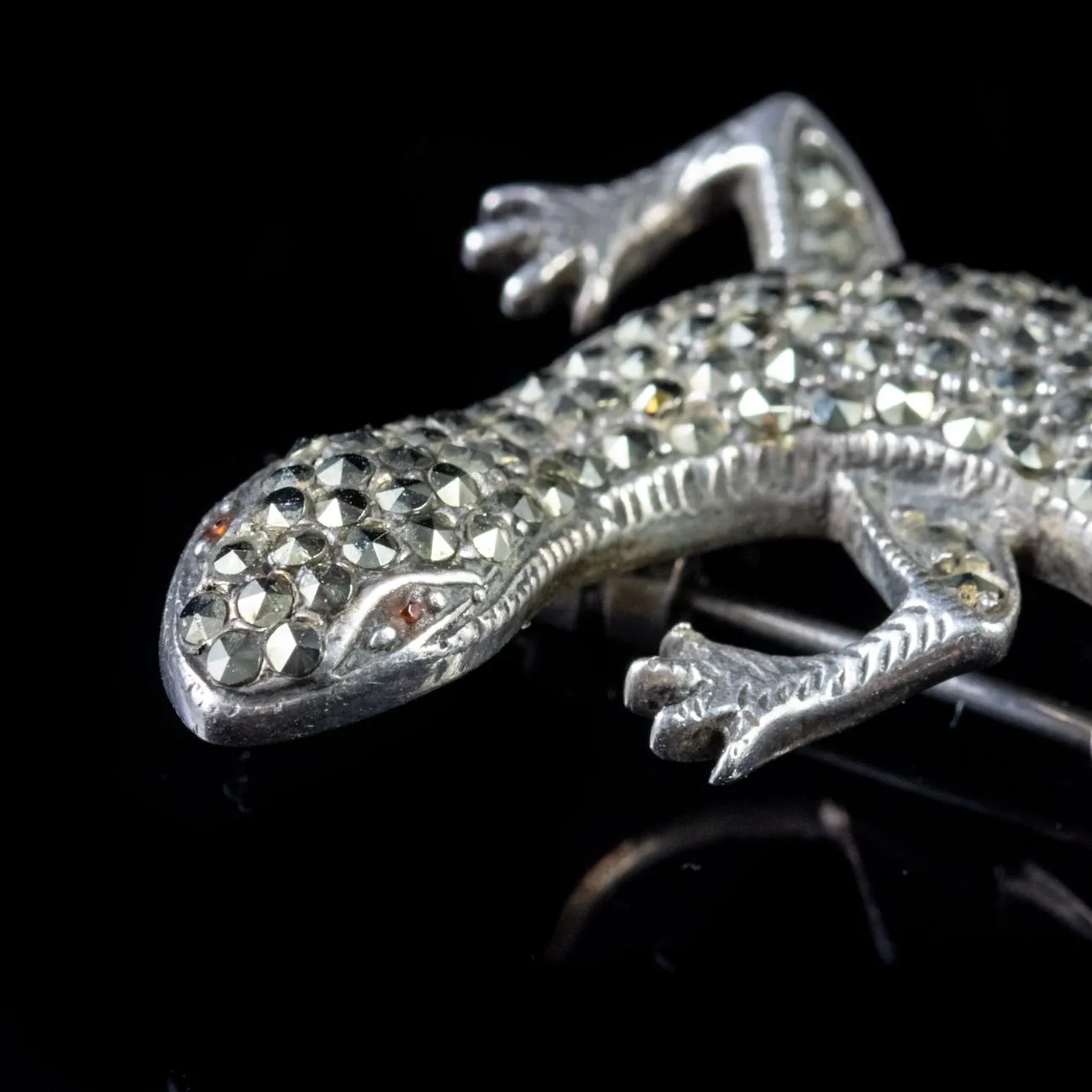 Antique Victorian Marcasite Garnet Lizard Brooch Sterling Silver Circa 1900