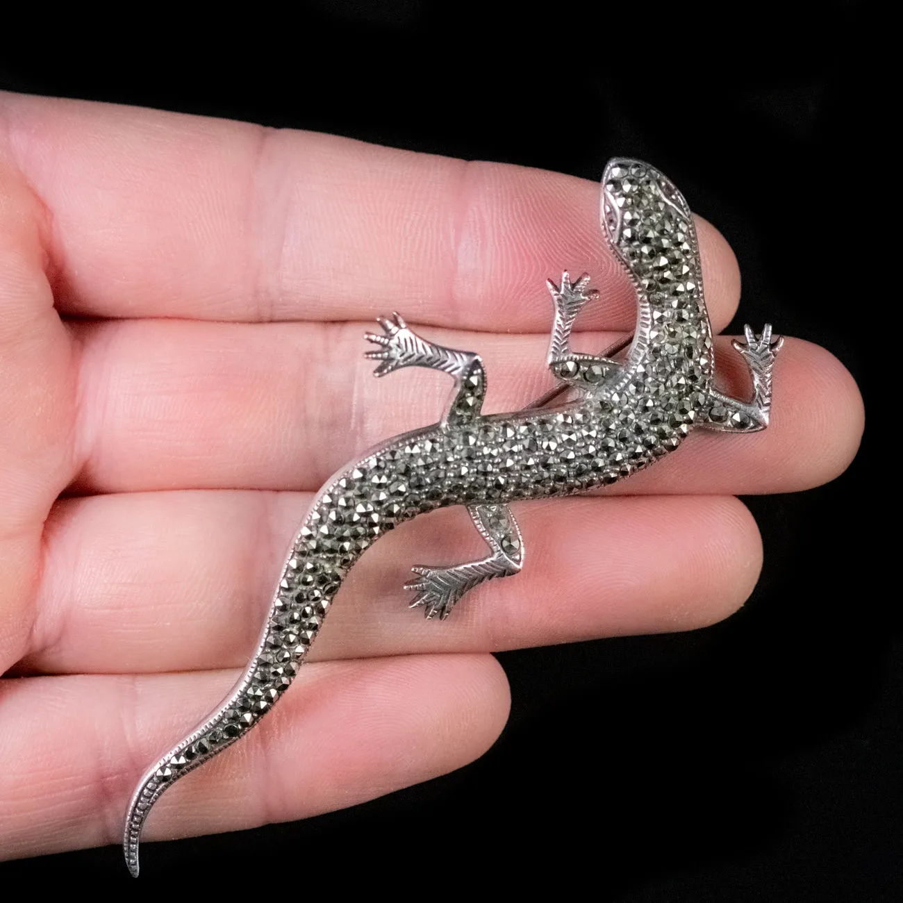 Antique Victorian Marcasite Garnet Lizard Brooch Sterling Silver Circa 1900