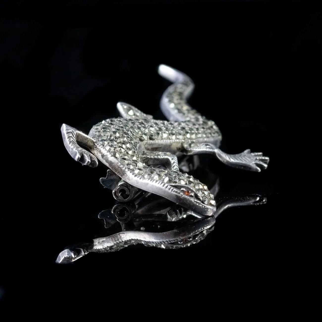 Antique Victorian Marcasite Garnet Lizard Brooch Sterling Silver Circa 1900