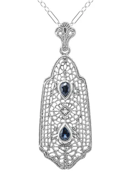 Art Deco Filigree Sapphire and Diamond Pendant Necklace in Sterling Silver