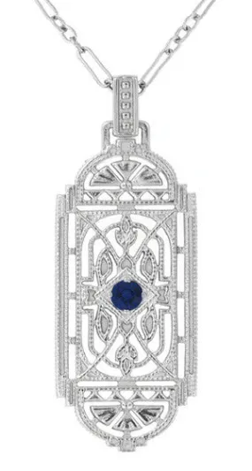 Art Deco Filigree Sapphire Geometric Pendant Necklace in Sterling Silver