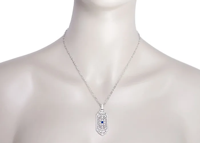 Art Deco Filigree Sapphire Geometric Pendant Necklace in Sterling Silver