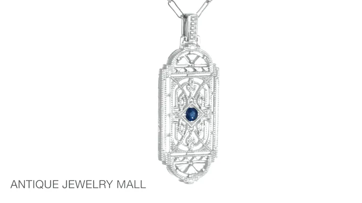 Art Deco Filigree Sapphire Geometric Pendant Necklace in Sterling Silver