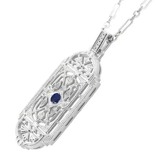 Art Deco Filigree Sapphire Geometric Pendant Necklace in Sterling Silver