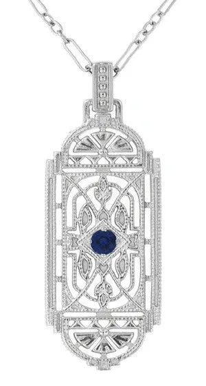 Art Deco Filigree Sapphire Geometric Pendant Necklace in Sterling Silver