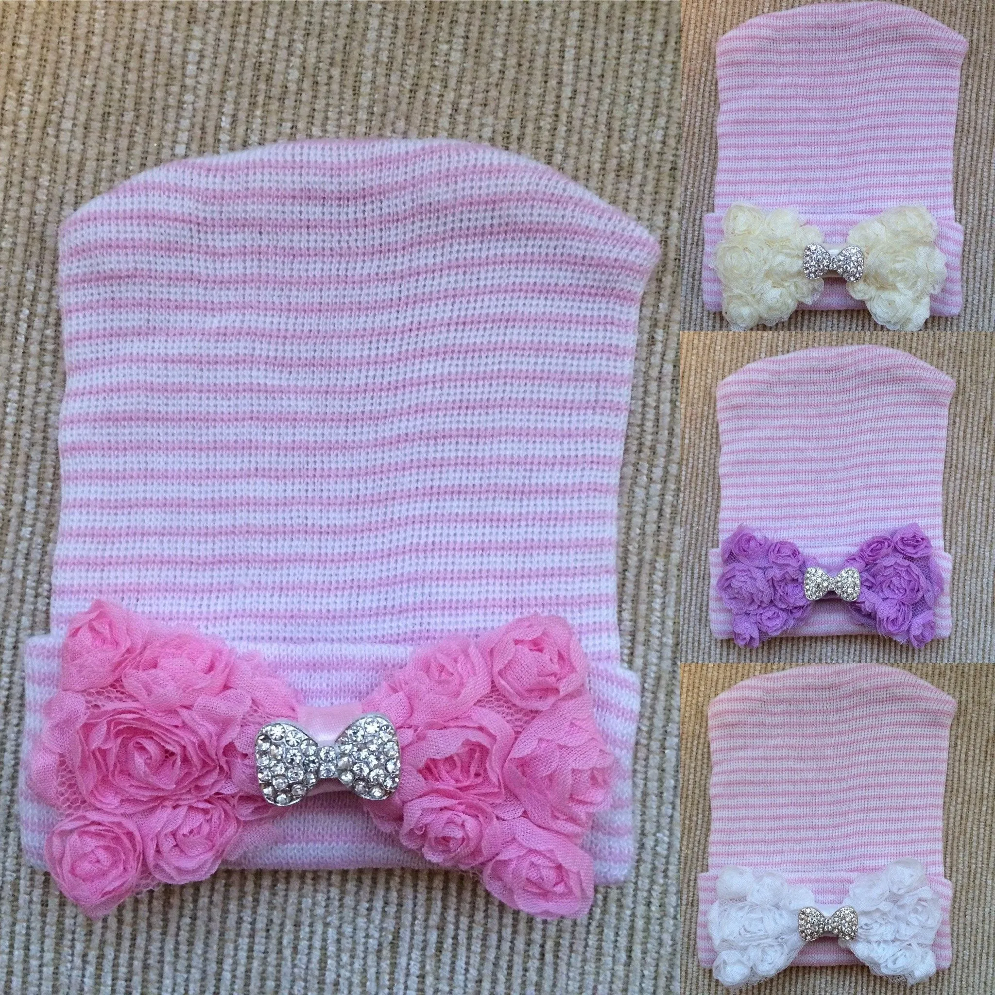 Baby Hospital Hat pink with crystal, pick your color bow