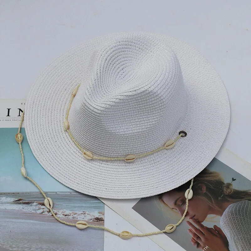 Beach Straw Hat With Designer Shell Chain