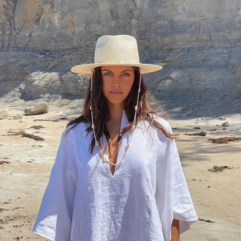 Beach Straw Hat With Designer Shell Chain