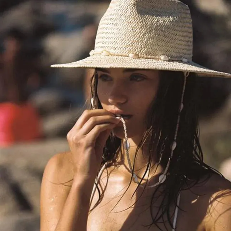 Beach Straw Hat With Designer Shell Chain