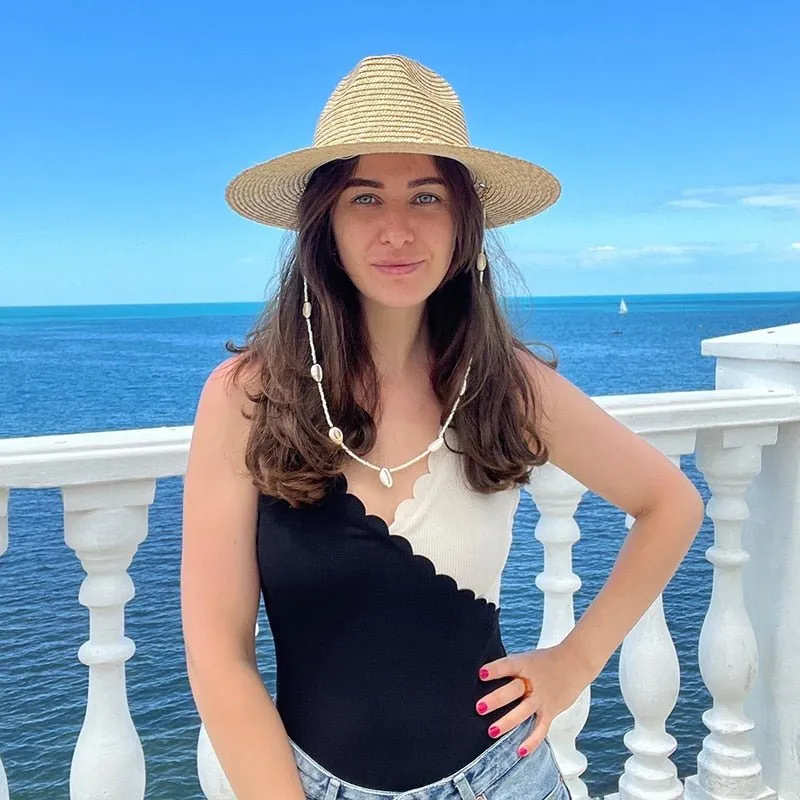 Beach Straw Hat With Designer Shell Chain