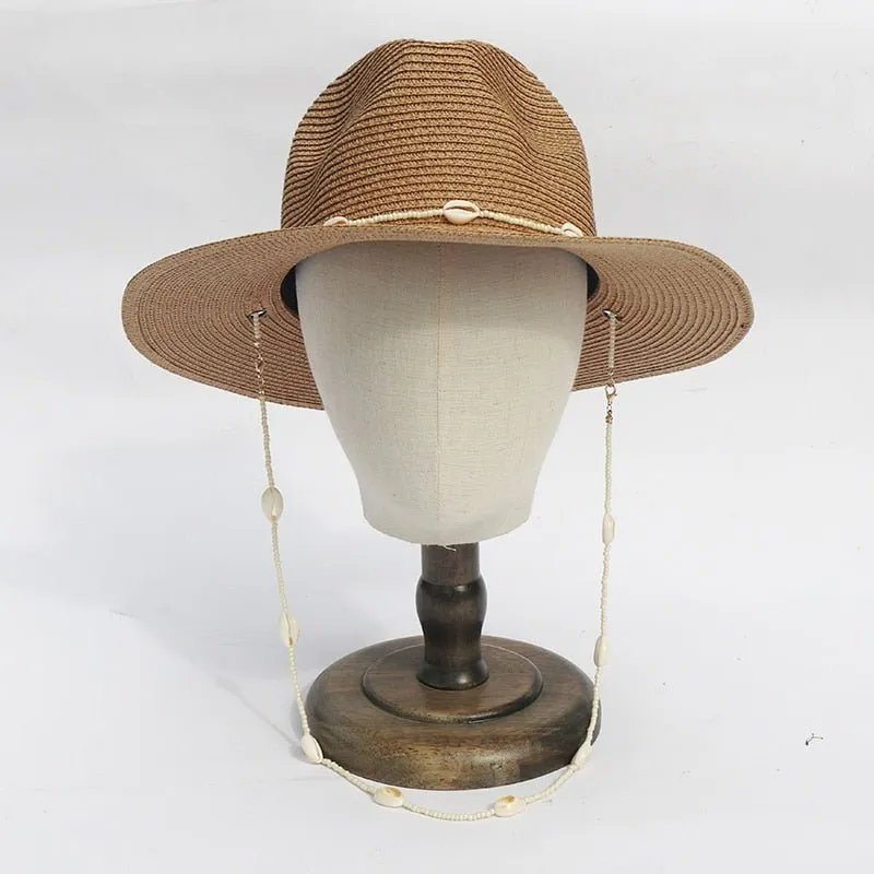 Beach Straw Hat With Designer Shell Chain