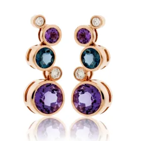 Bezel Set Round Amethyst, Blue Topaz & Diamond Floating Bubble Earrings