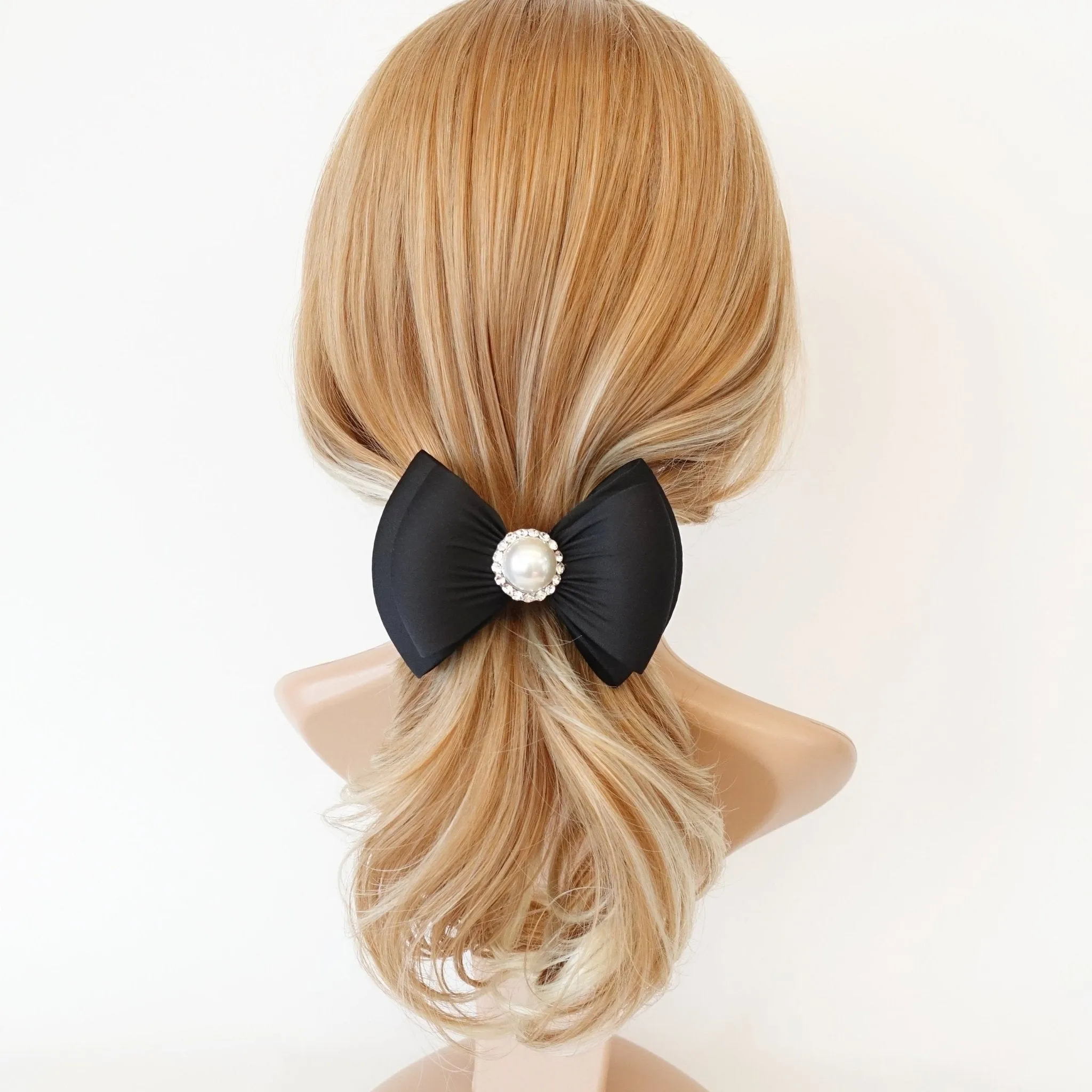 black satin hair bow rhinestone embellished bow french barrette