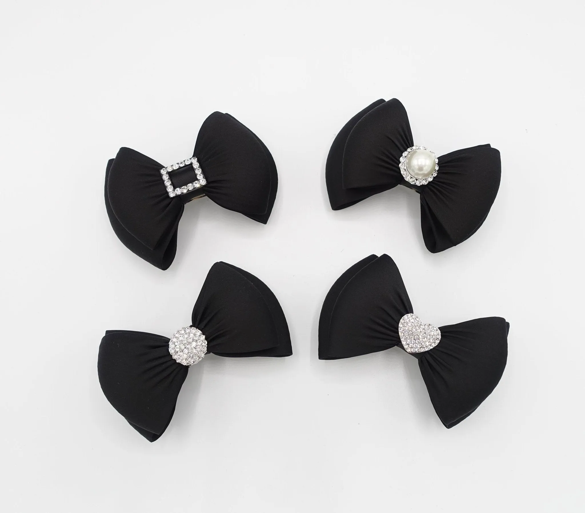 black satin hair bow rhinestone embellished bow french barrette