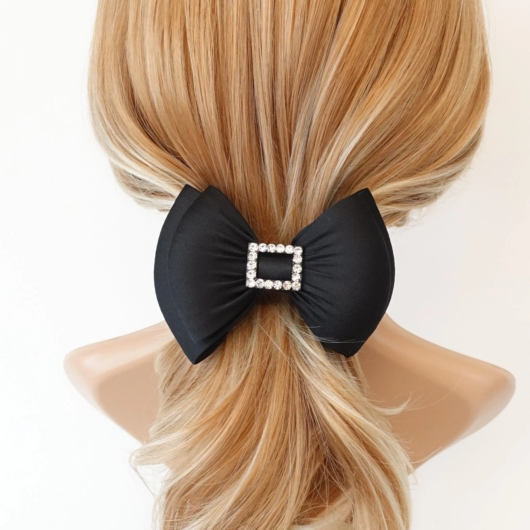 black satin hair bow rhinestone embellished bow french barrette