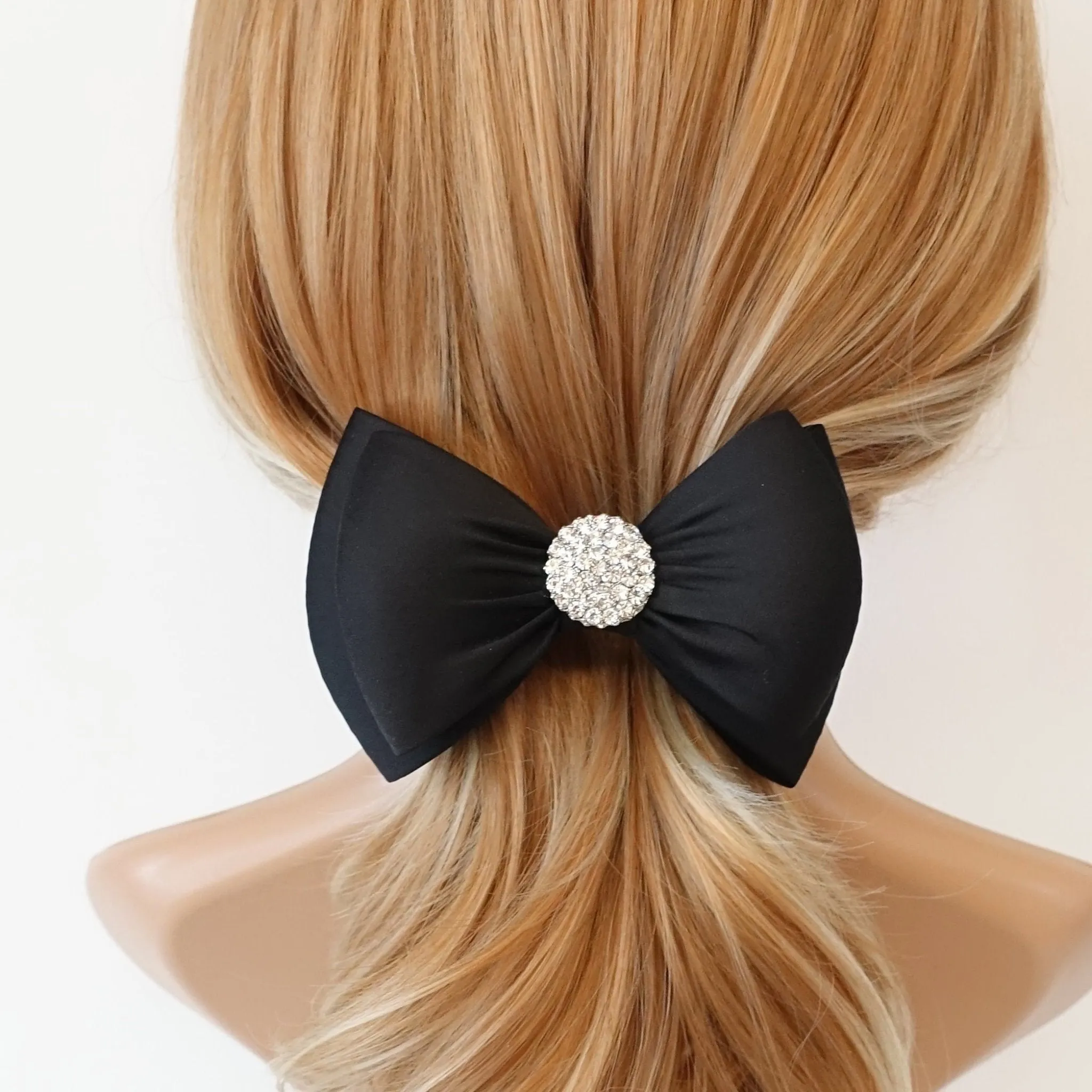 black satin hair bow rhinestone embellished bow french barrette