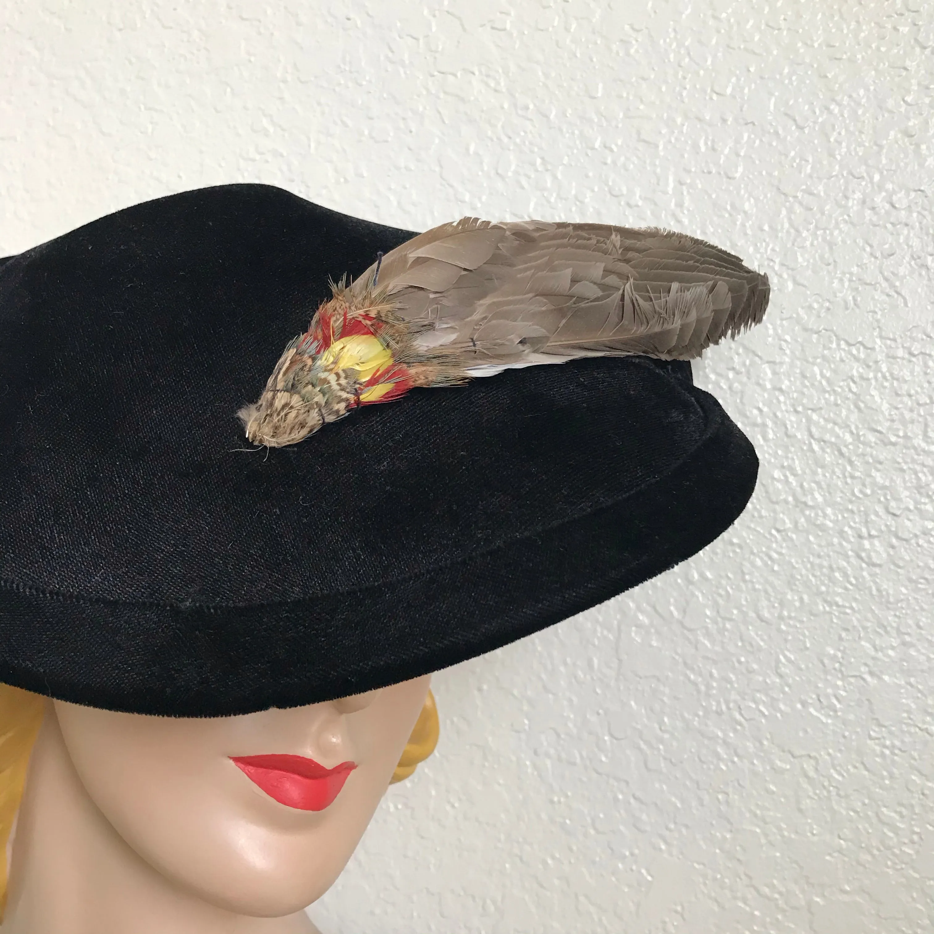 Black Velvet Curvy Platter Hat with Feather Spear circa 1940s