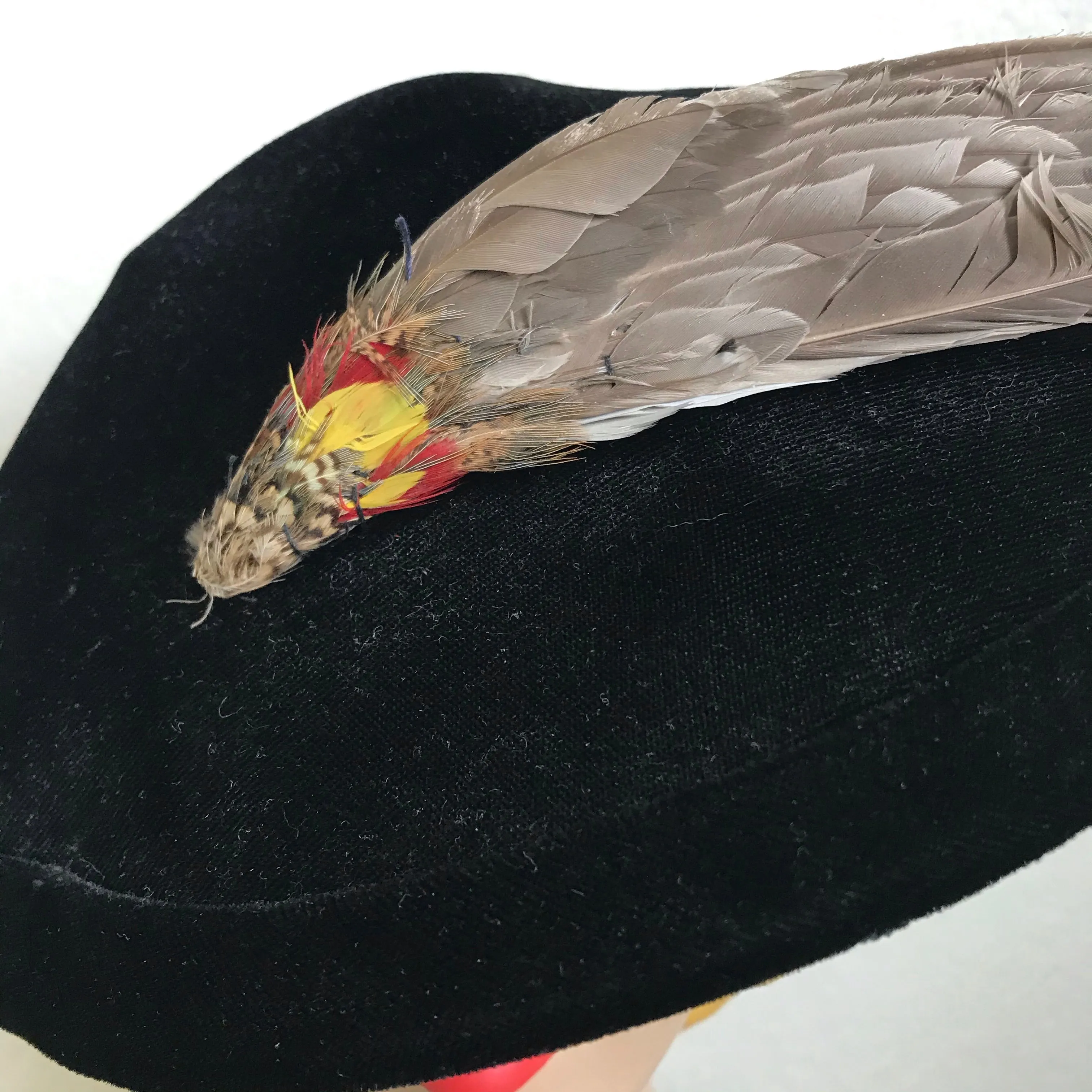 Black Velvet Curvy Platter Hat with Feather Spear circa 1940s