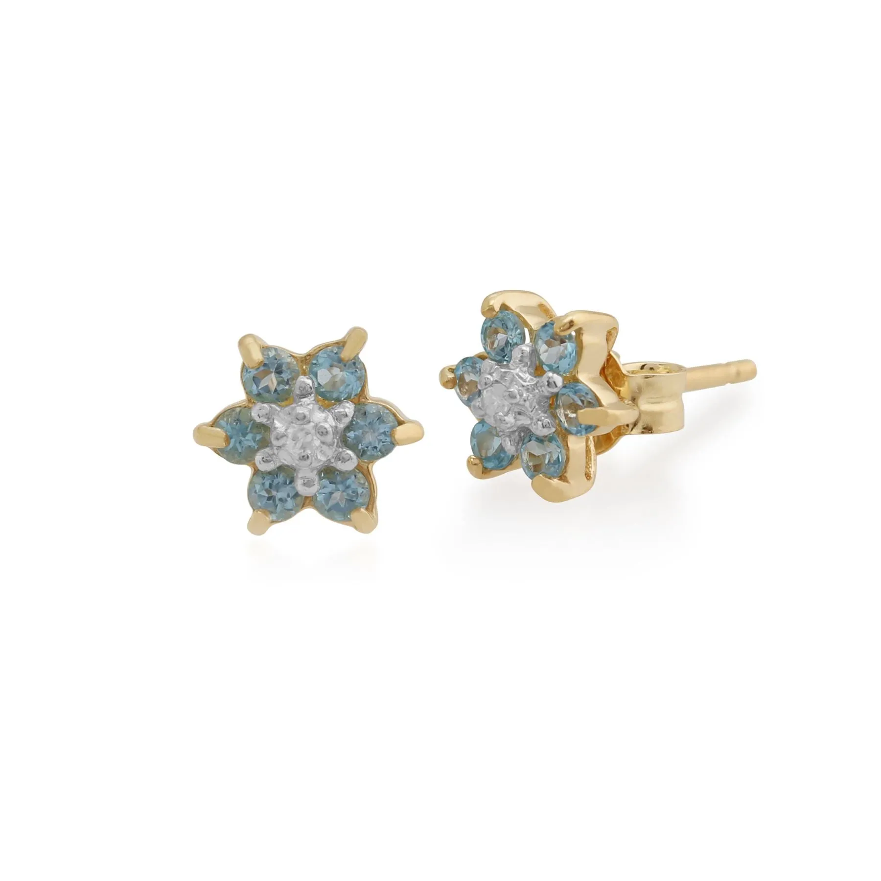 Blauer Topas Ohrstecker 9 Karat Gelbgold 0,34 CT Blue Topas & Diamant Blumenmuster Cluster-Ohrringe