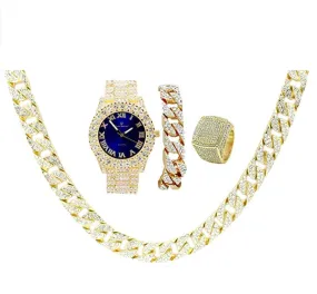 Blue Face Watch Gold Color Simulated Diamond Cuban Link Necklace Bracelet Set Tennis Chain Watch Earring Bundle