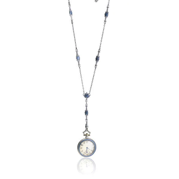 Blue Guilloche Enamel Pendant Watch with Chain