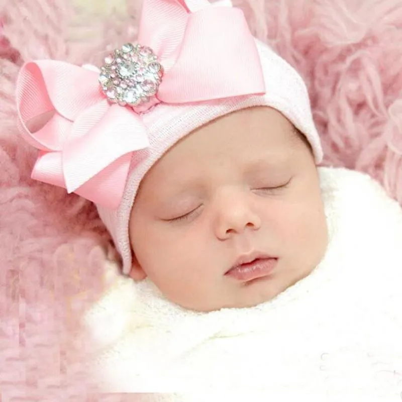 Blue Newborn Infant Baby Hospital Hat with Large Bow and Brooch