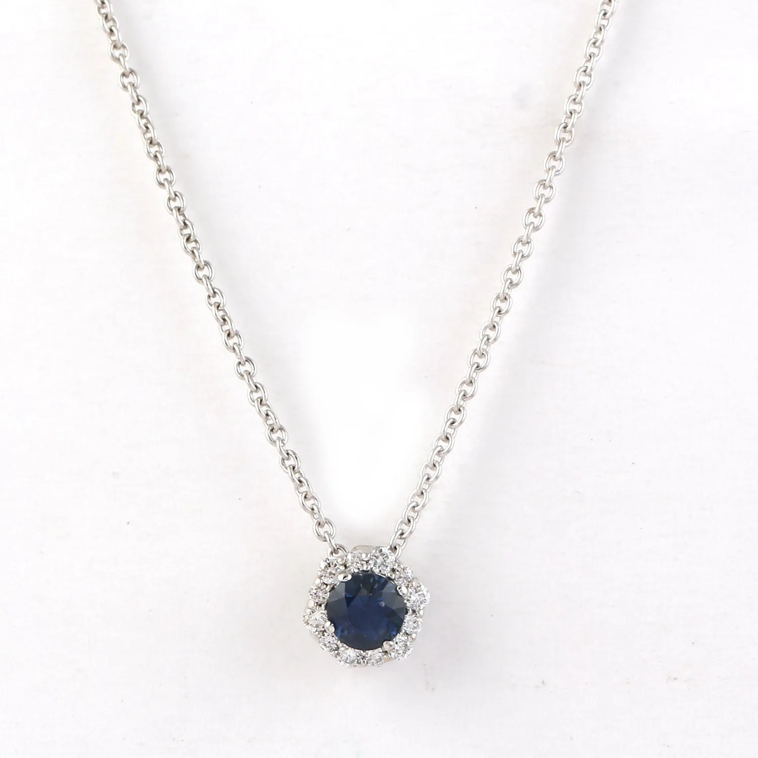 Blue Sapphire & Diamond Halo Pendant 14k White Gold Chain Necklace Jewelry